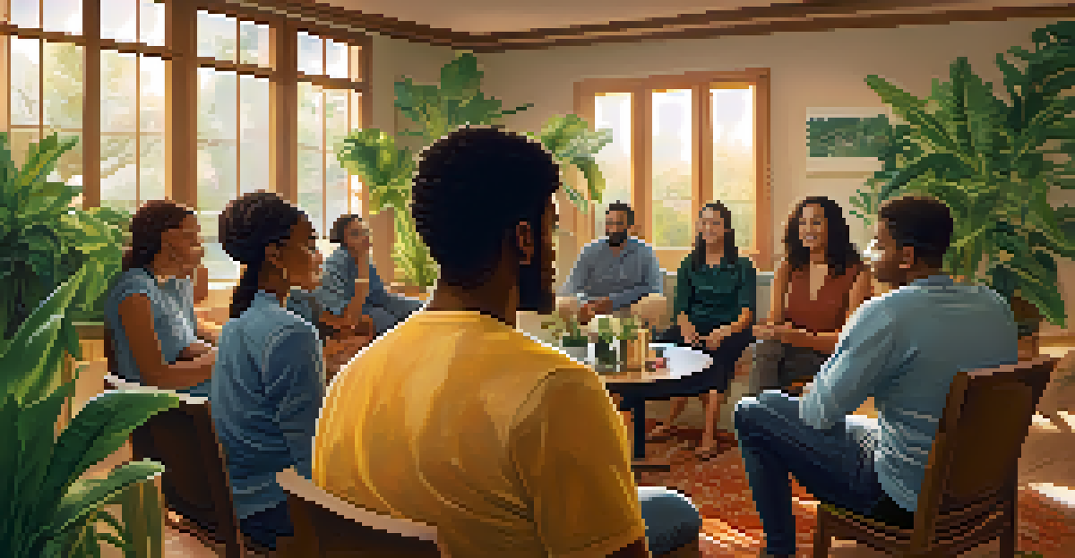 A group of individuals sitting in a circle in a cozy room, sharing experiences about financial challenges, surrounded by plants and soft lighting.