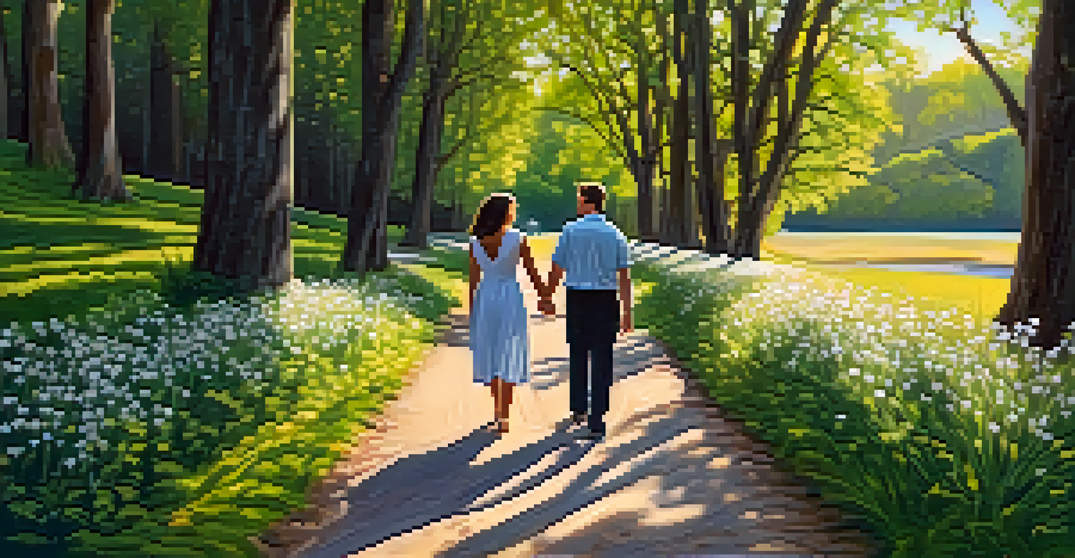 A couple walking hand-in-hand on a nature path, surrounded by greenery and sunlight.