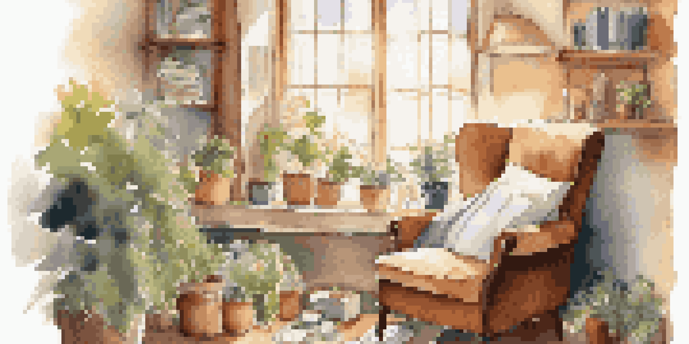 A person writing in a journal in a cozy nook with warm sunlight, surrounded by plants and candles.