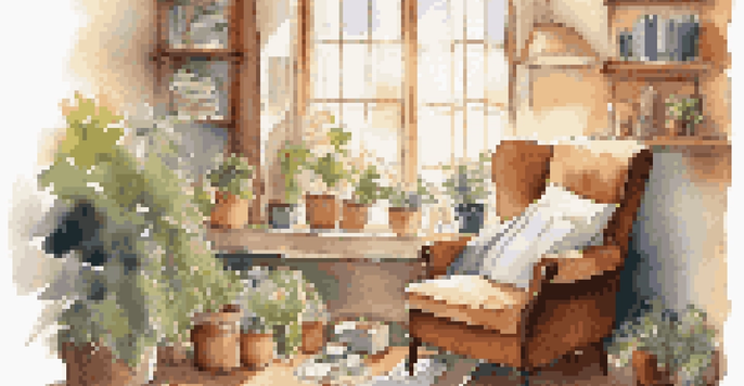 A person writing in a journal in a cozy nook with warm sunlight, surrounded by plants and candles.