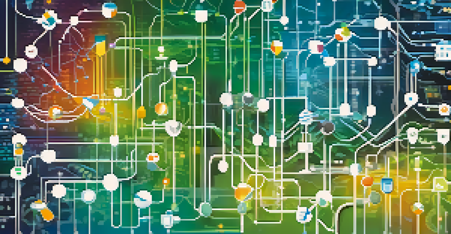 An abstract illustration showing colorful data streams connecting healthcare symbols.