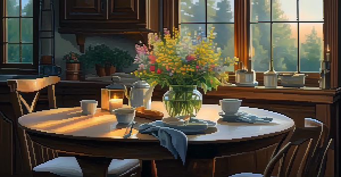 A romantic dining table for two with a bouquet of wildflowers and candlelight, set in a warm kitchen ambiance.