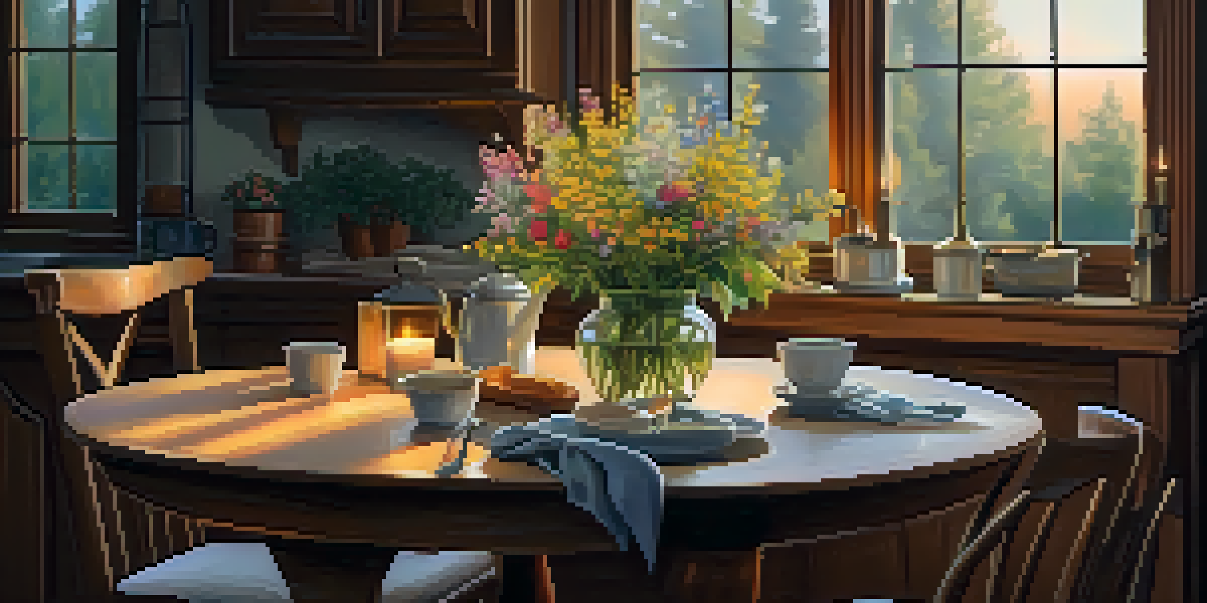 A romantic dining table for two with a bouquet of wildflowers and candlelight, set in a warm kitchen ambiance.