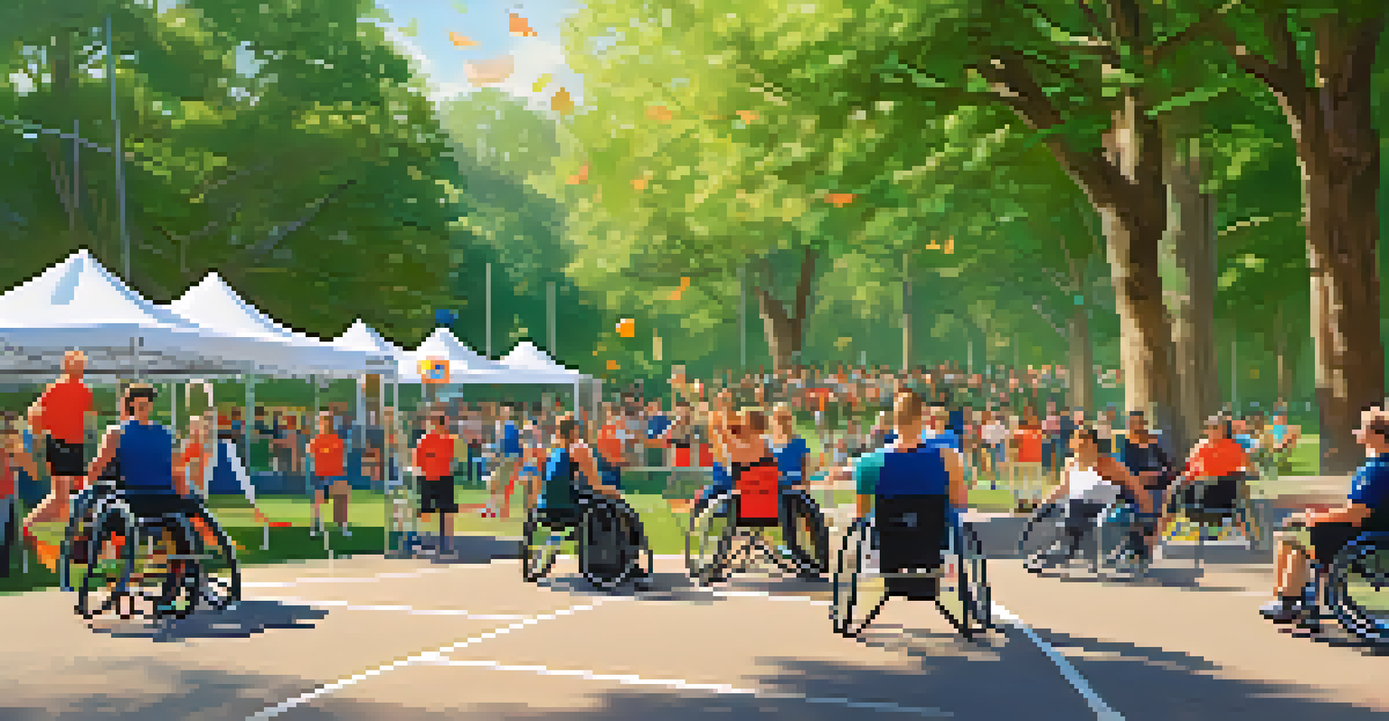 An outdoor adaptive sports event with individuals in wheelchairs playing basketball, surrounded by supportive spectators in a sunny park.