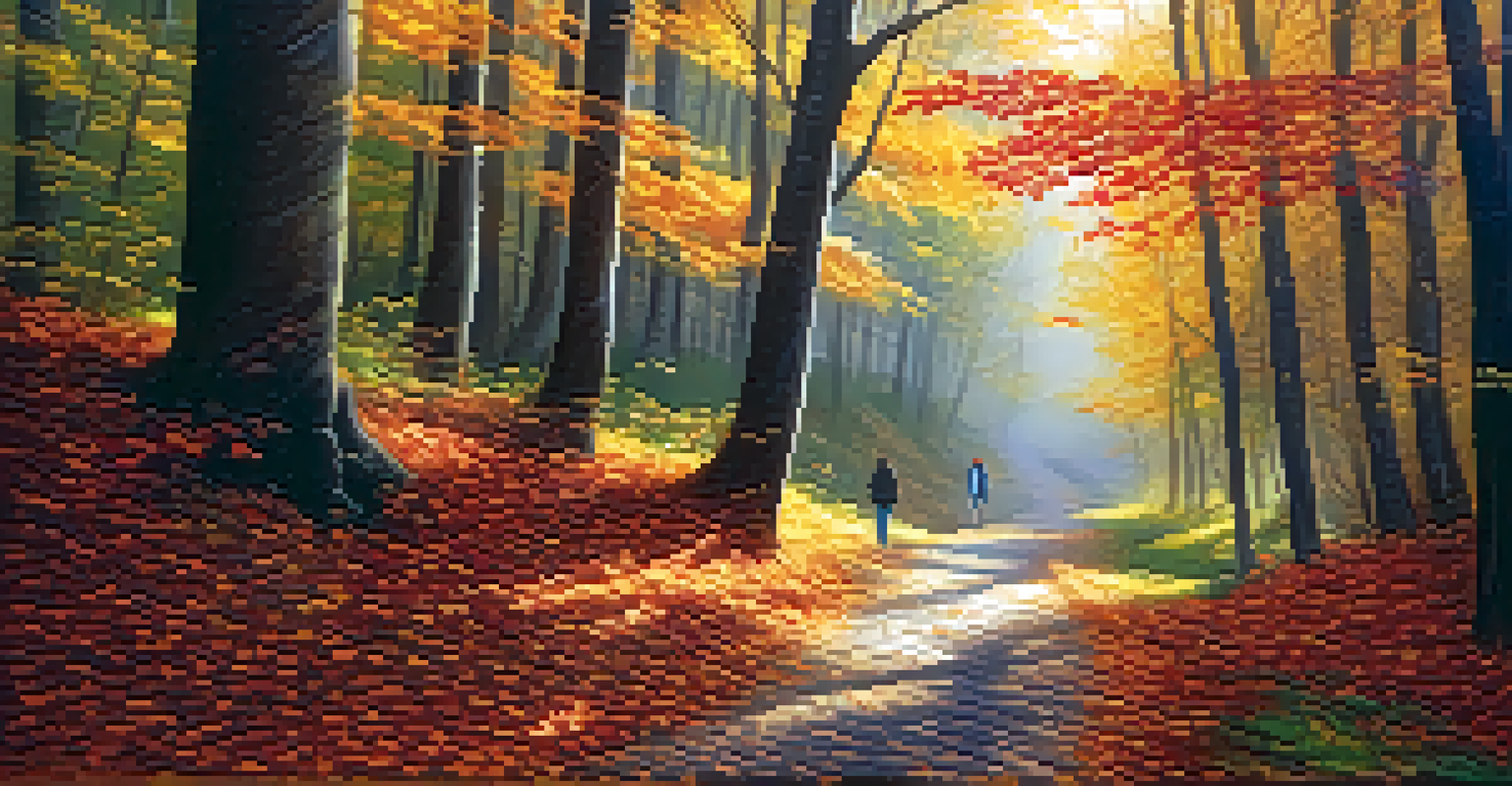 A winding path through a forest in autumn, with colorful leaves and a person walking alone, surrounded by tranquil nature.