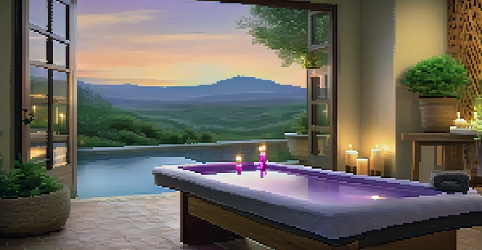 A relaxing spa scene with a massage table, lavender essential oils, candles, and a water fountain in a tranquil setting.