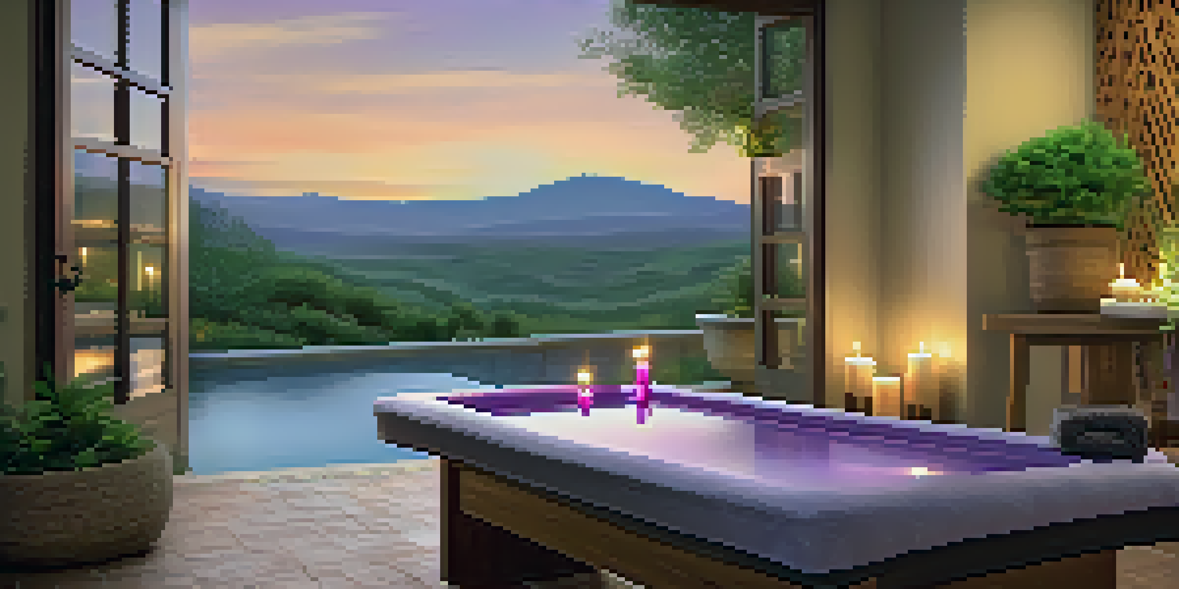 A relaxing spa scene with a massage table, lavender essential oils, candles, and a water fountain in a tranquil setting.