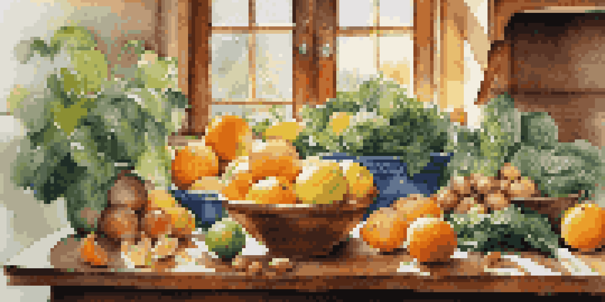 A bright kitchen with a variety of colorful fruits and vegetables laid out on a wooden countertop, illuminated by sunlight.