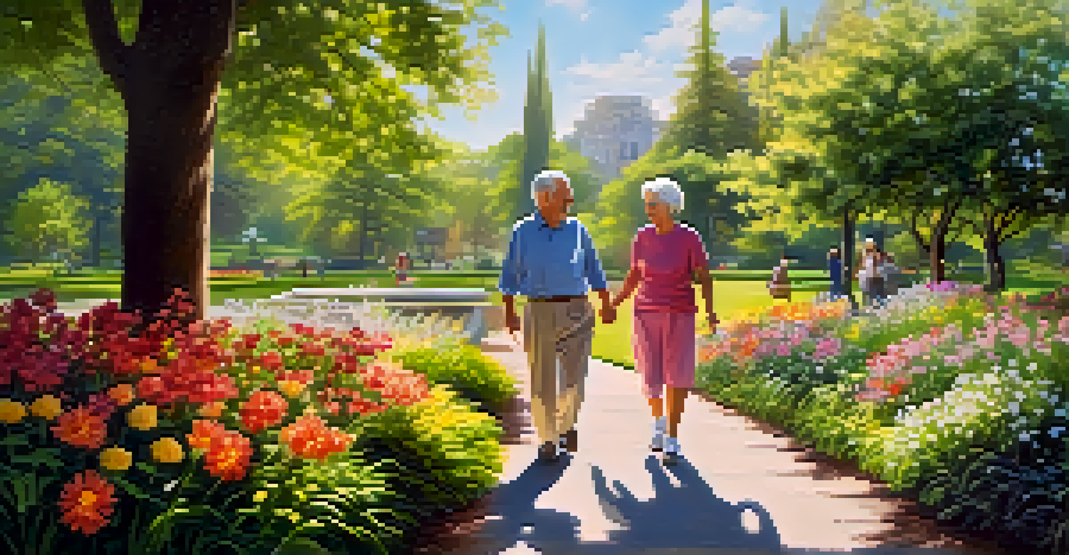 An elderly couple walking in a sunny park, enjoying light exercise together in nature.