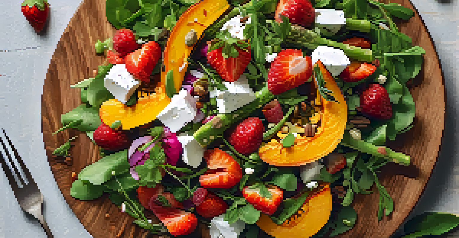 An overhead view of a seasonal salad with asparagus, strawberries, and roasted squash on a wooden board, with herbs and spices around it.