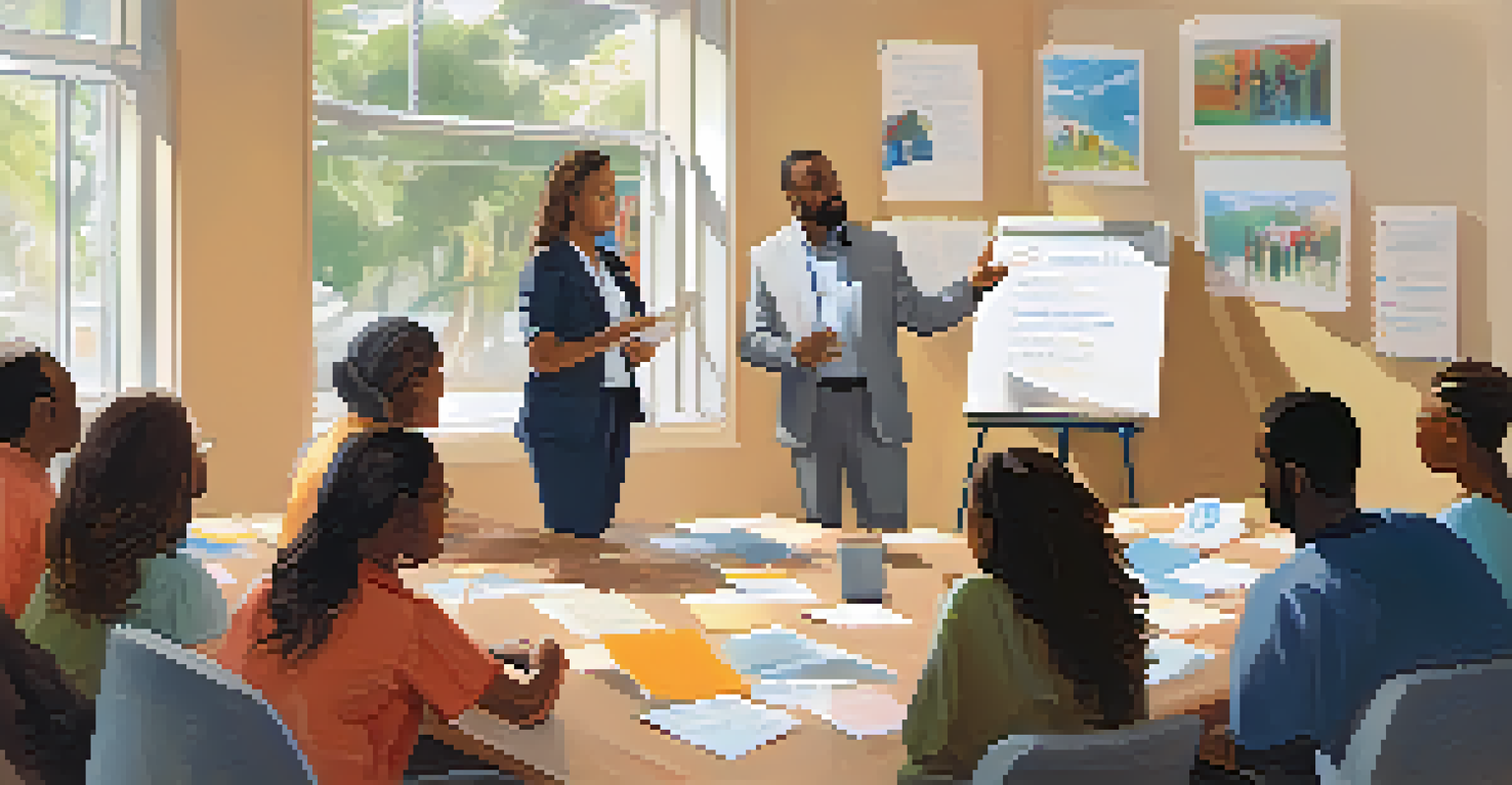 A diverse group of crisis intervention professionals engaged in a training session with educational materials and a bright, inviting atmosphere.