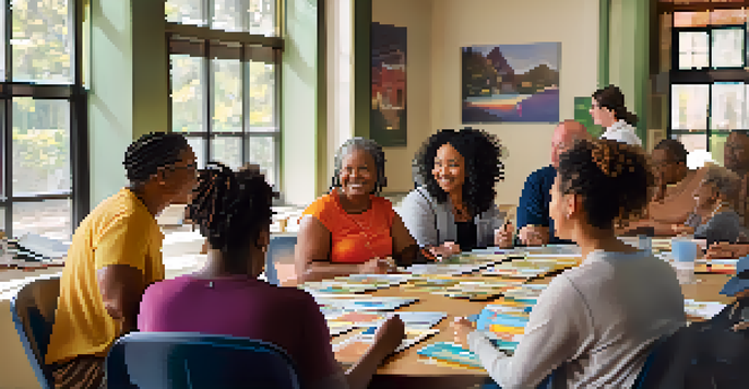 A diverse group of individuals participating in a community health workshop, discussing health topics with brochures on the table.