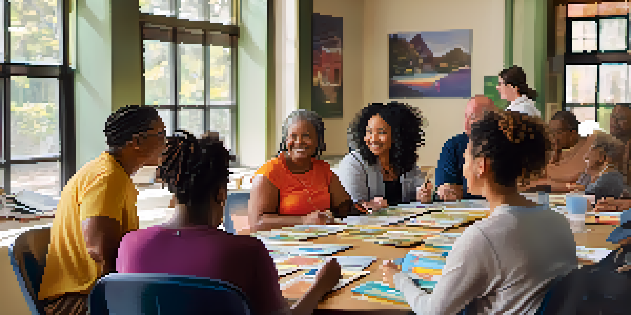 A diverse group of individuals participating in a community health workshop, discussing health topics with brochures on the table.