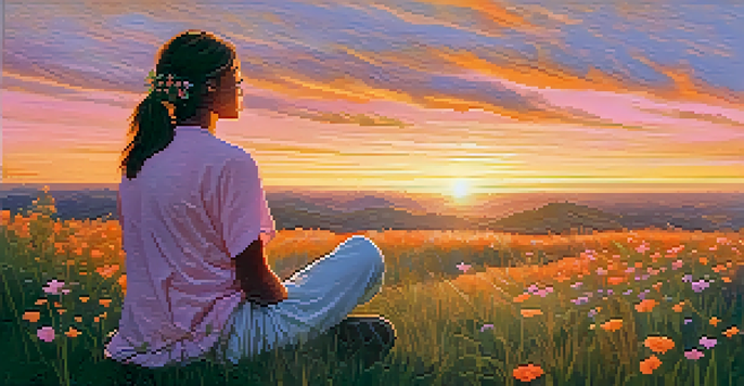 A person meditating on a grassy hilltop during sunset, surrounded by wildflowers, exuding calm and tranquility.