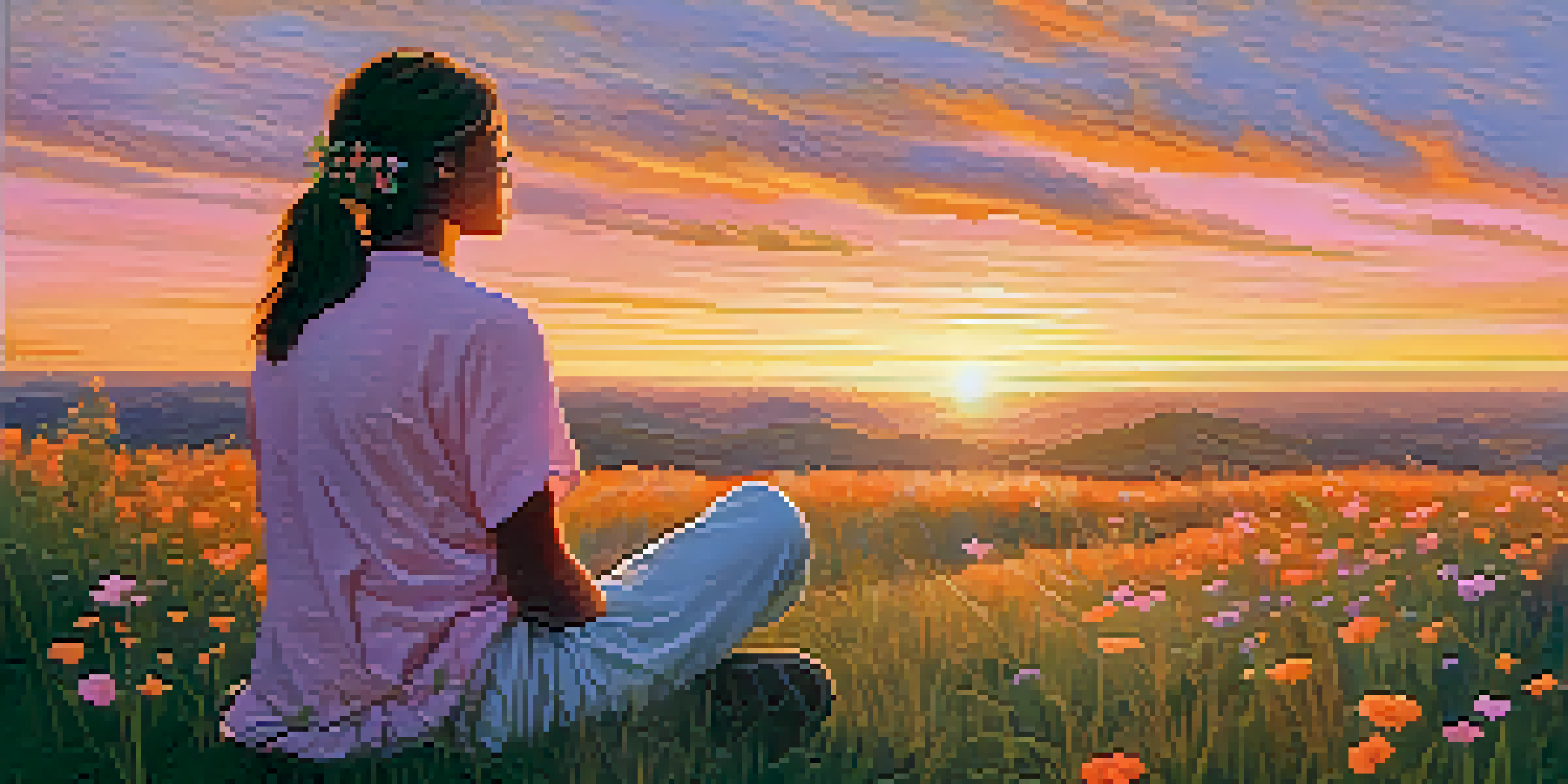 A person meditating on a grassy hilltop during sunset, surrounded by wildflowers, exuding calm and tranquility.
