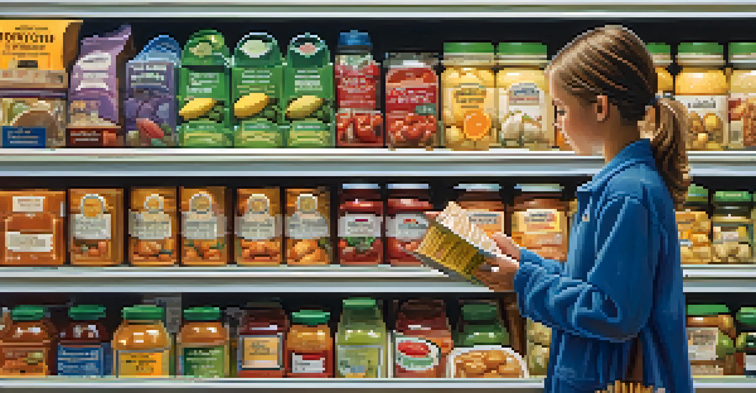 A close-up of hands reading a food label on a grocery product, with a well-organized grocery aisle filled with healthy food in the background.