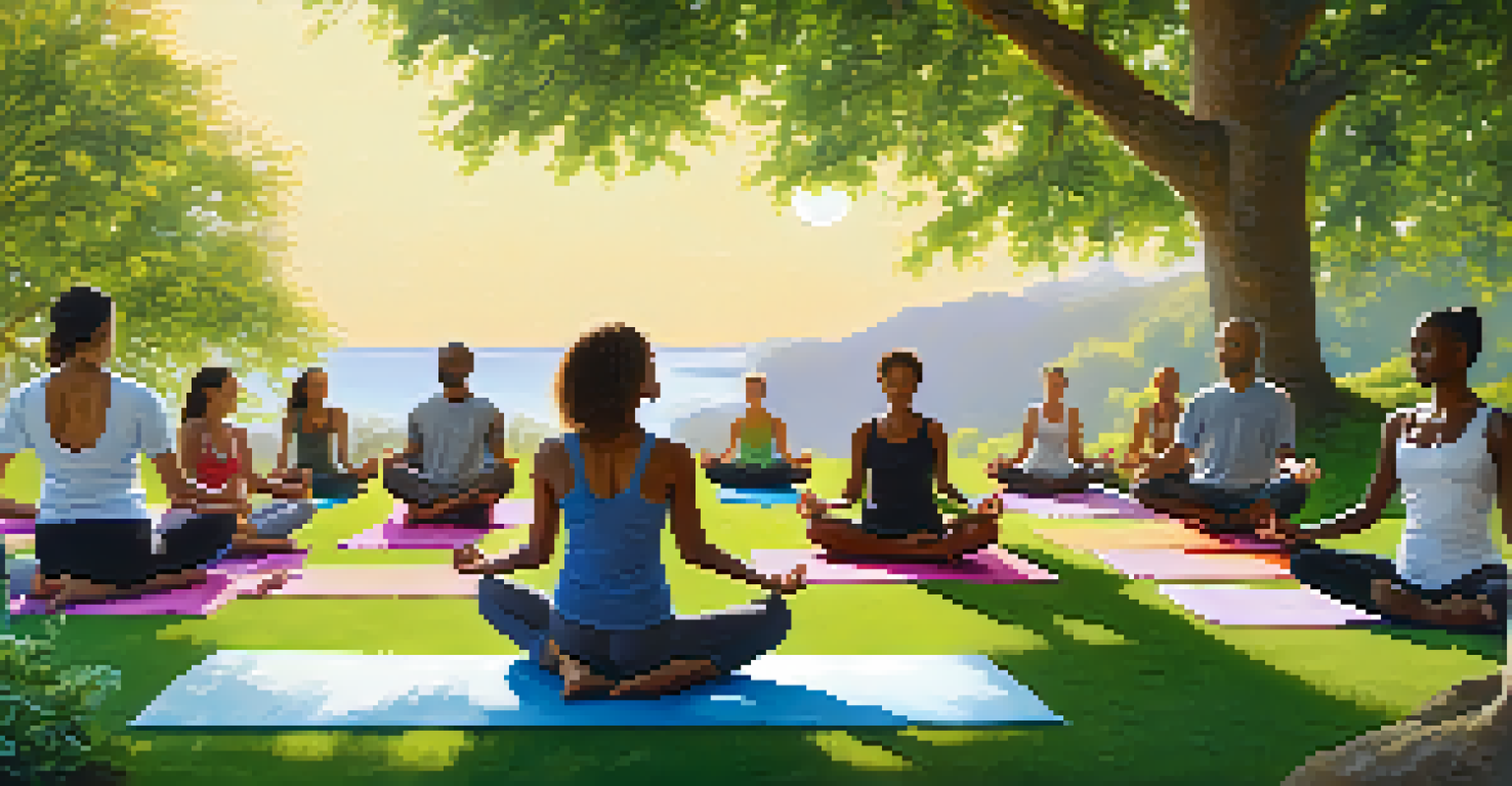 A diverse group of individuals practicing yoga outdoors, surrounded by lush greenery and a clear blue sky.
