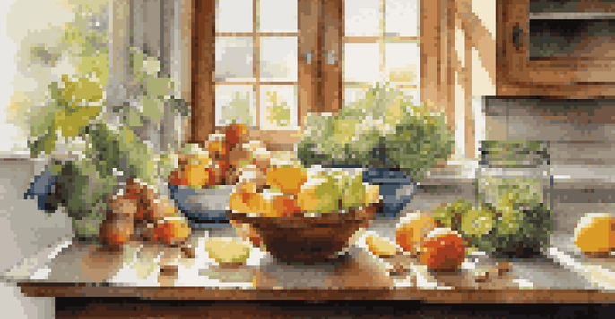 A bright kitchen table with fresh fruits and vegetables, a jar of lemon-infused water, and a bowl of nuts, illuminated by sunlight.