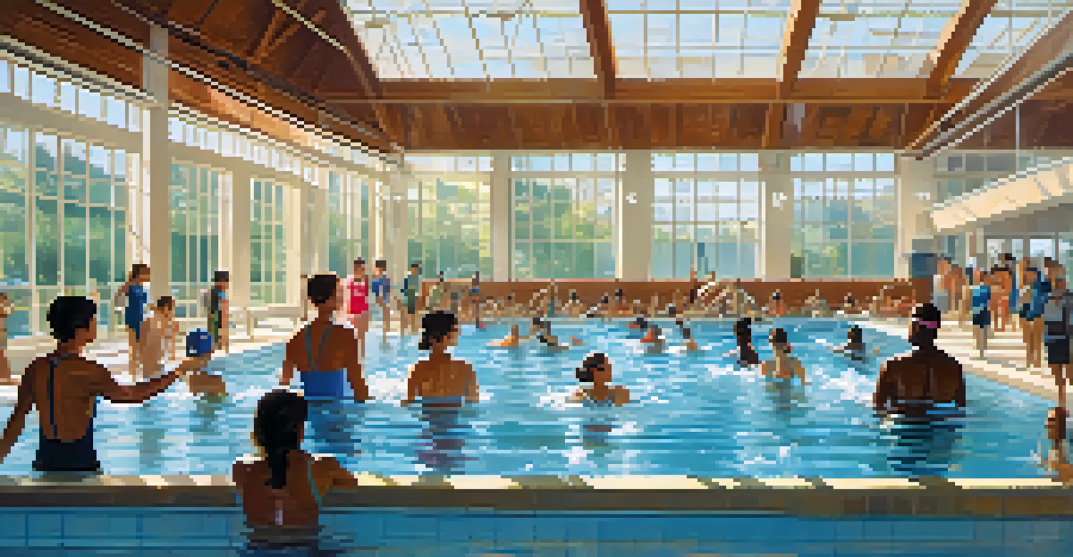 A diverse group of people in a swimming class at an indoor pool, enjoying learning with splashes of water and sunlight streaming in.