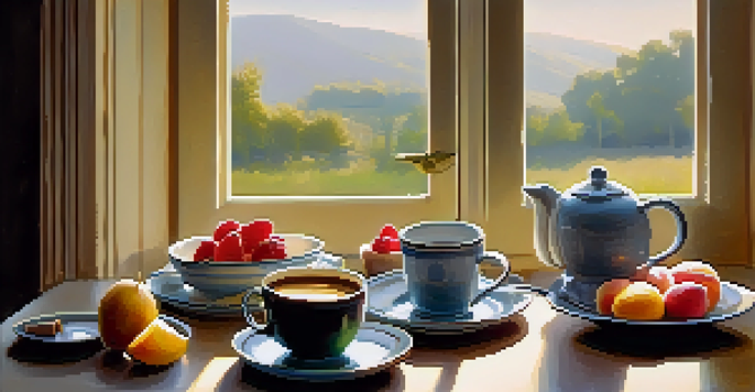 A cozy breakfast table by a window with coffee, fruit, and an open gratitude journal.