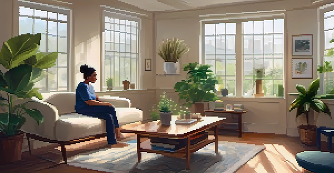 A therapy room with a therapist and client engaged in role-playing, surrounded by plants and warm lighting.