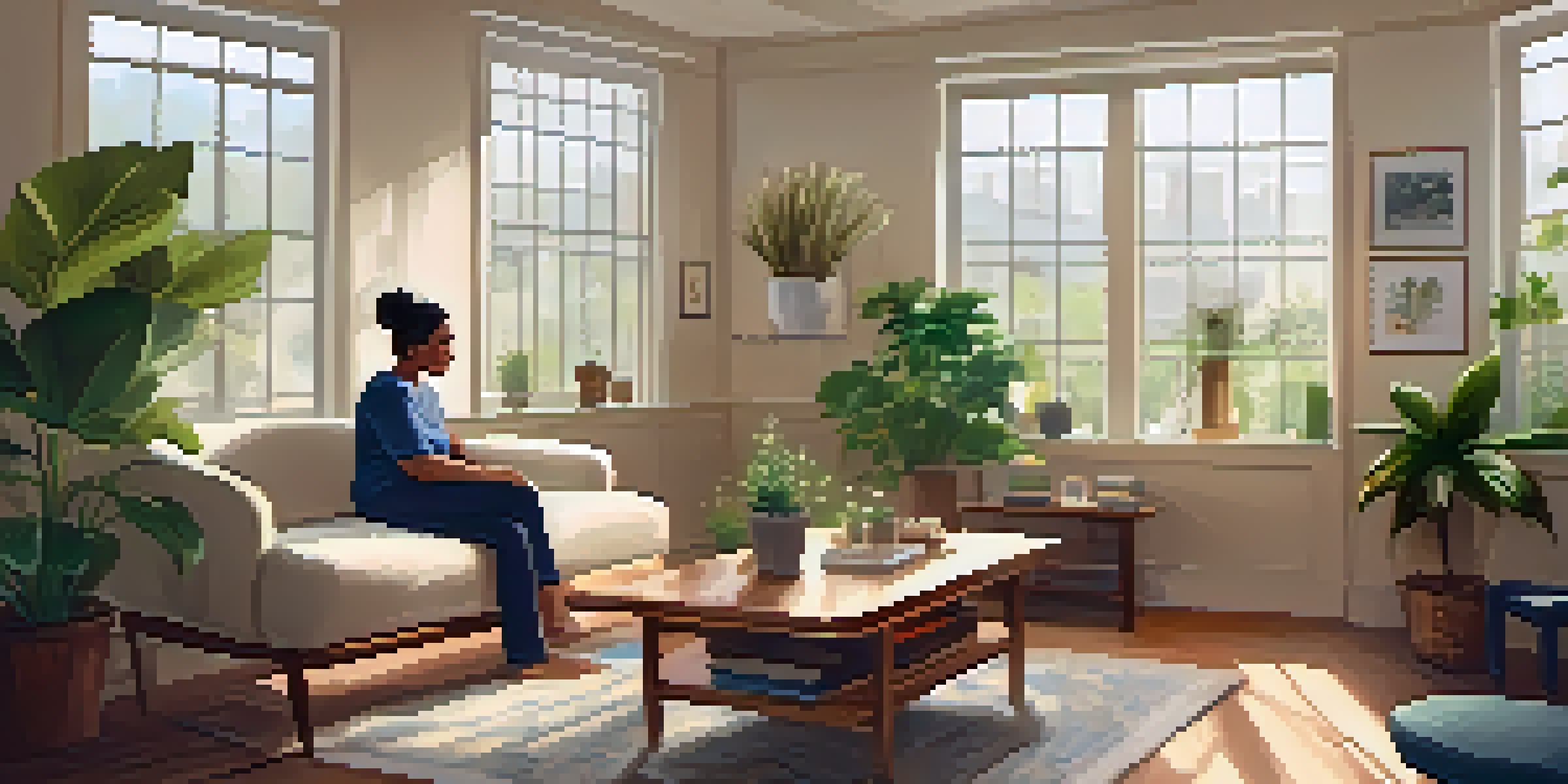 A therapy room with a therapist and client engaged in role-playing, surrounded by plants and warm lighting.