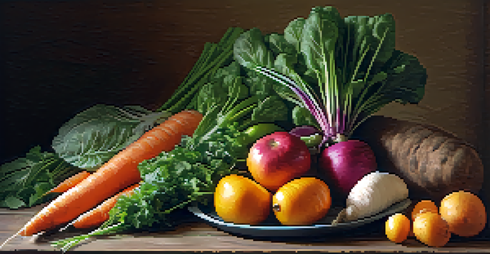 A plate filled with colorful fruits and vegetables such as carrots, sweet potatoes, and spinach, placed on a wooden table under warm sunlight.