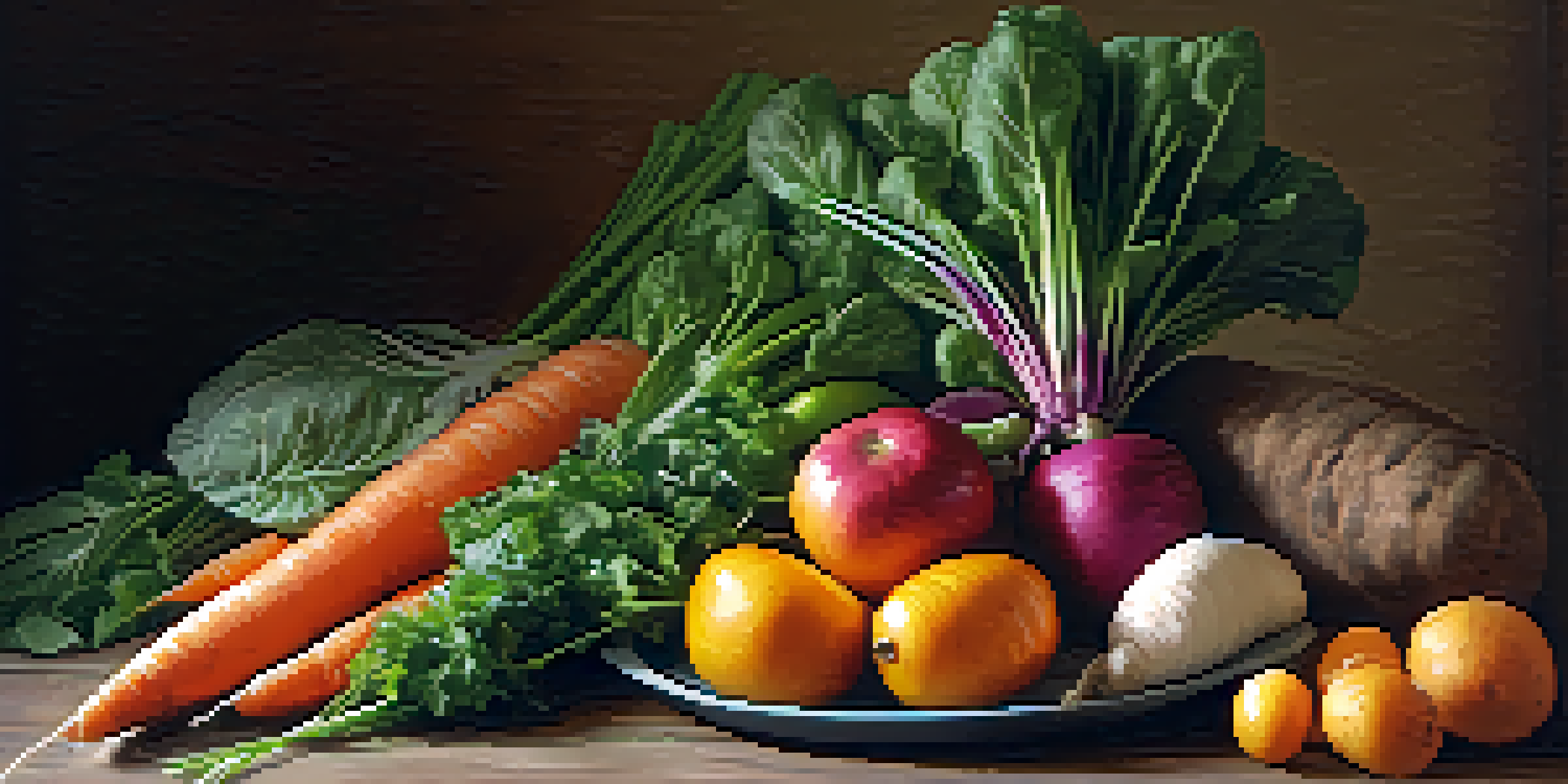 A plate filled with colorful fruits and vegetables such as carrots, sweet potatoes, and spinach, placed on a wooden table under warm sunlight.