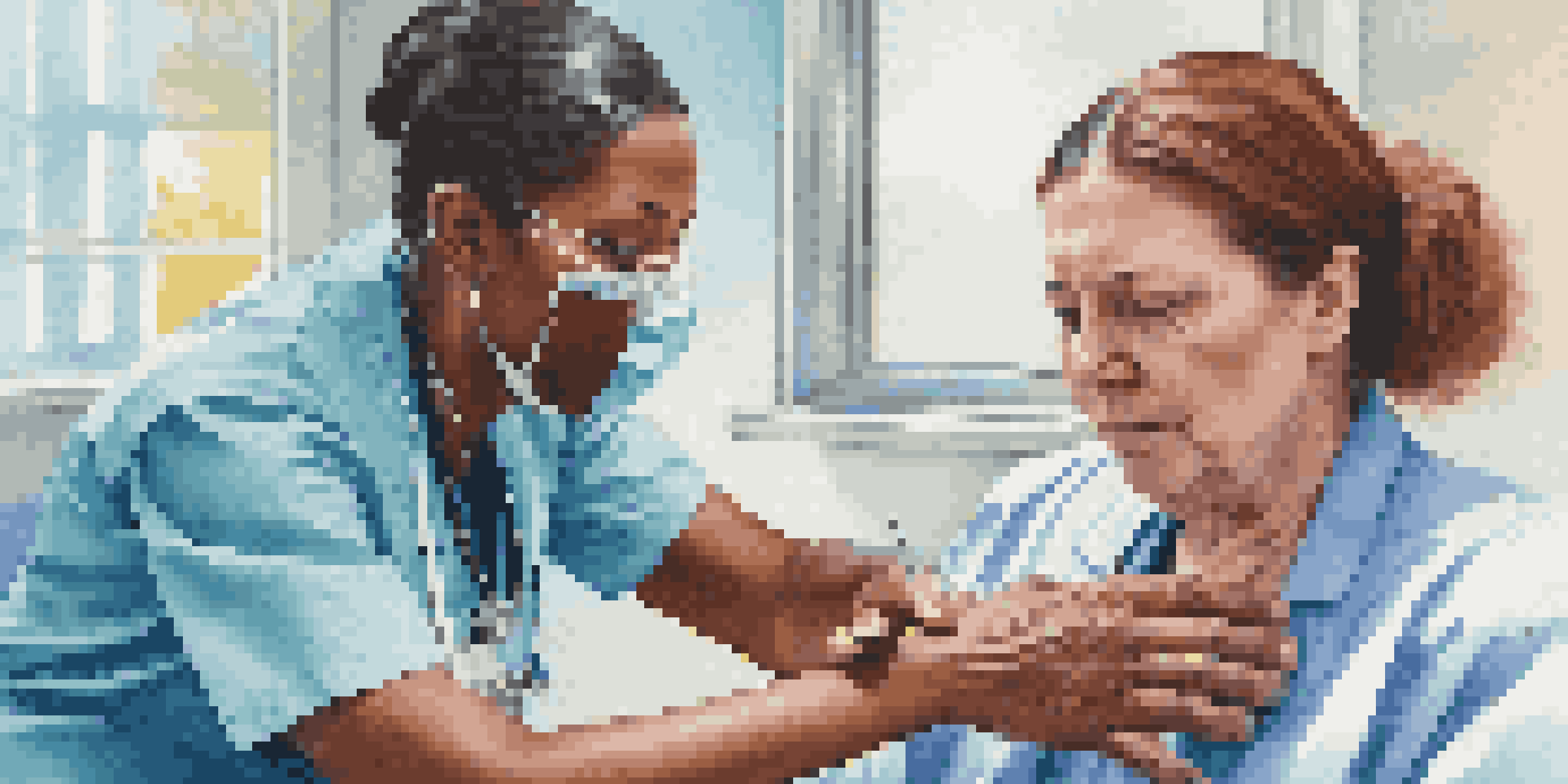 A healthcare professional giving a vaccine to a patient in a bright clinic, with colorful health posters in the background.