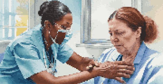 A healthcare professional giving a vaccine to a patient in a bright clinic, with colorful health posters in the background.