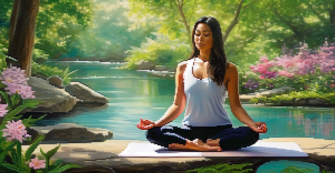 A person meditating in a tranquil outdoor setting, surrounded by greenery and flowers, with sunlight filtering through the leaves.