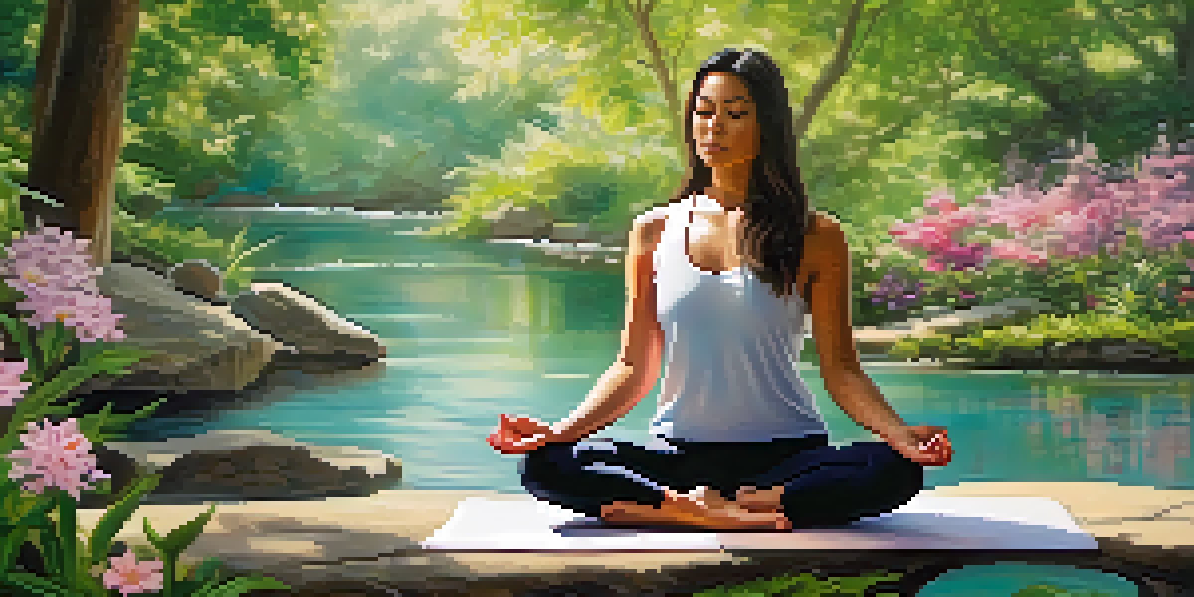 A person meditating in a tranquil outdoor setting, surrounded by greenery and flowers, with sunlight filtering through the leaves.