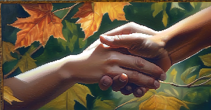 A close-up of two diverse hands gently touching, conveying warmth and connection against a softly blurred natural background.