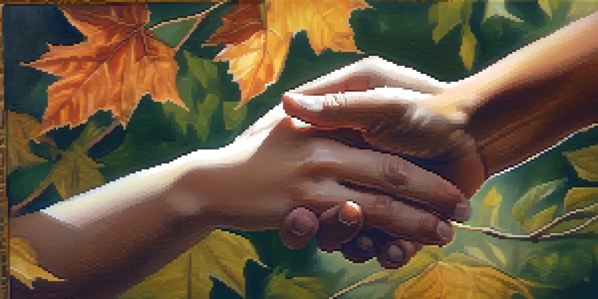 A close-up of two diverse hands gently touching, conveying warmth and connection against a softly blurred natural background.