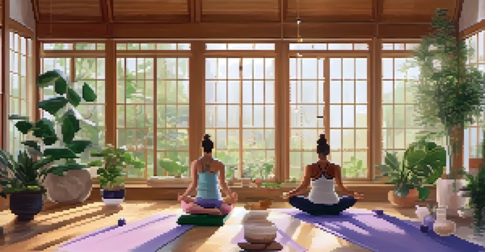 A diverse group of individuals practicing yoga poses in a serene studio with natural light and plants.