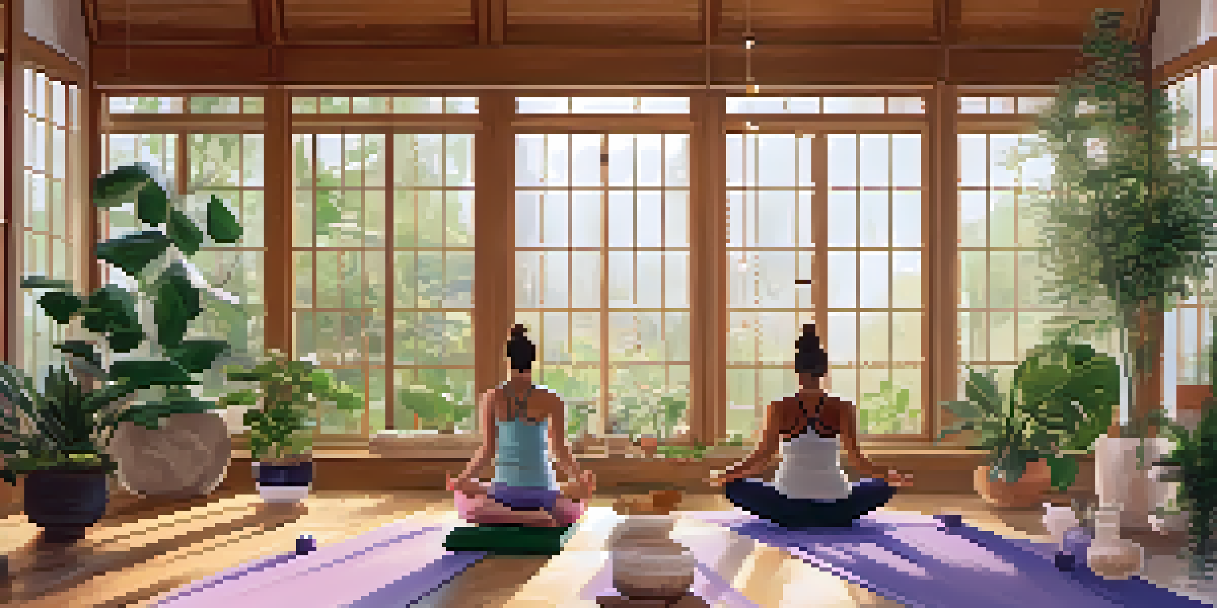 A diverse group of individuals practicing yoga poses in a serene studio with natural light and plants.