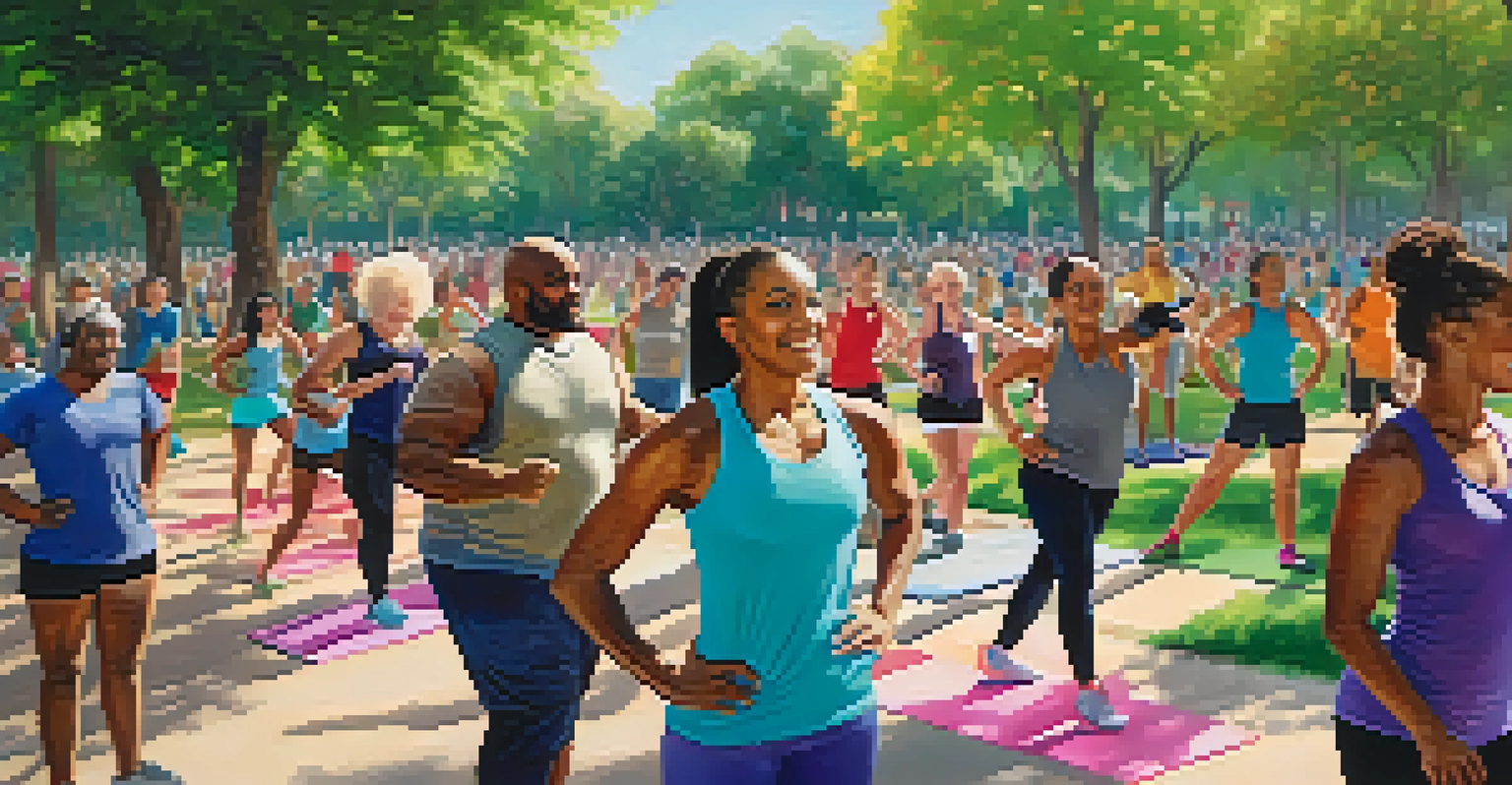 A diverse group of people participating in a fitness class in a sunny park, surrounded by trees and flowers.