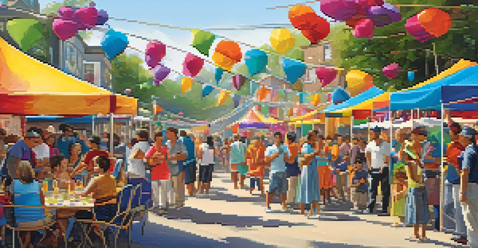 A lively outdoor community event with people engaging in activities, games, and enjoying a sense of togetherness under colorful decorations.
