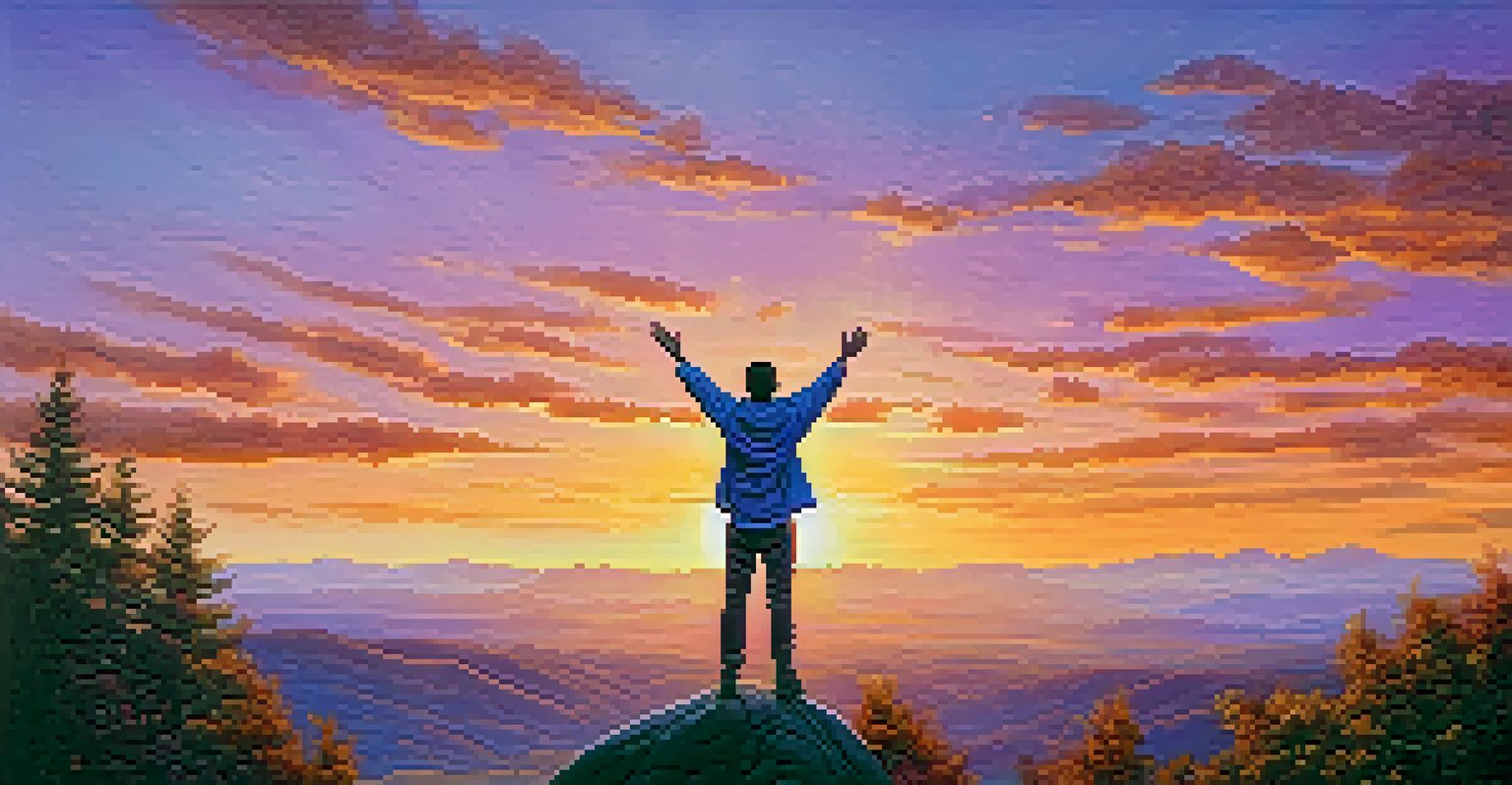A person on a hilltop at sunrise, celebrating new beginnings with arms raised, surrounded by vibrant colors.