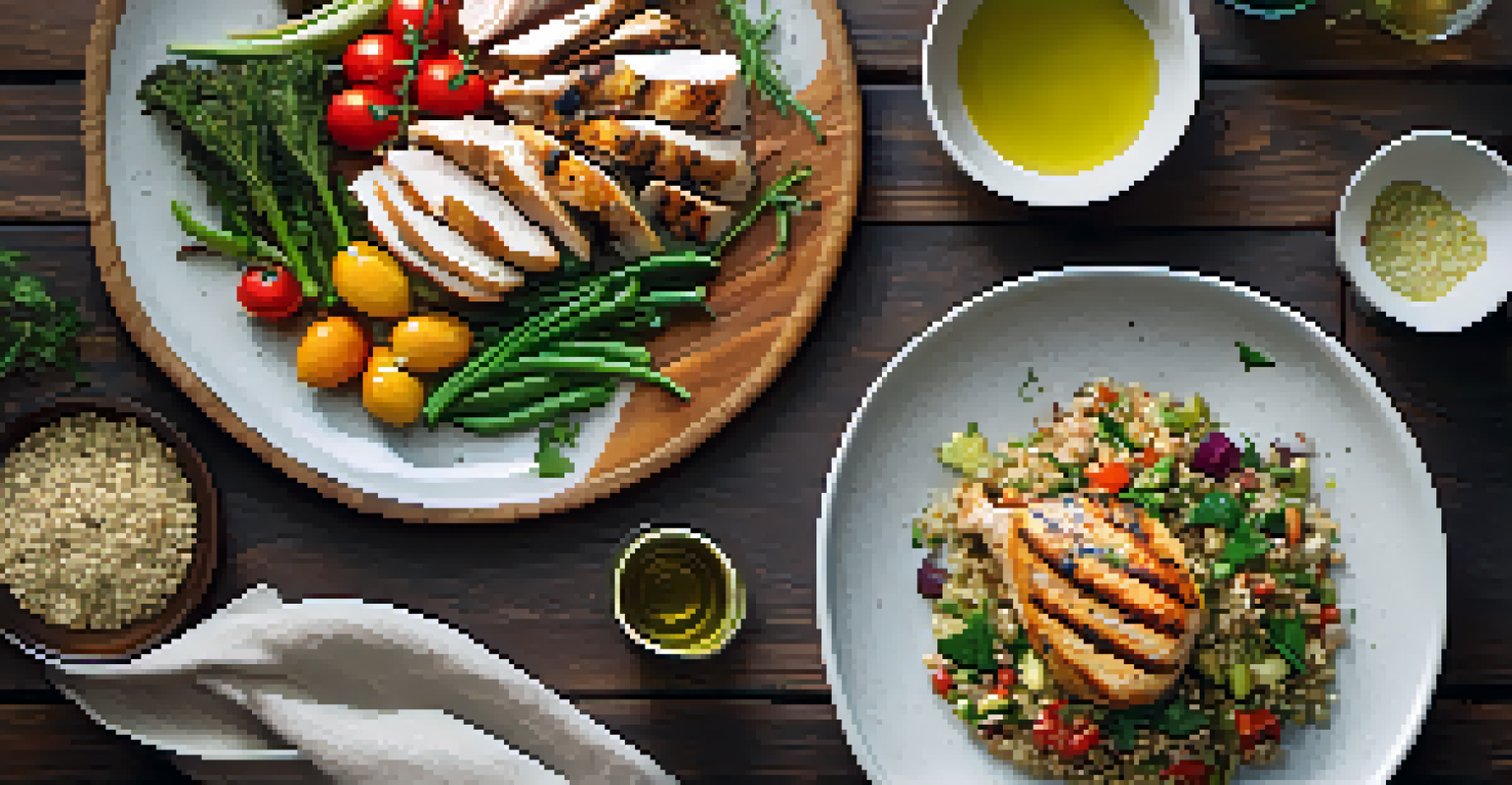 An overhead view of a health-focused meal with grilled chicken, quinoa, and colorful vegetables on a rustic wooden table.