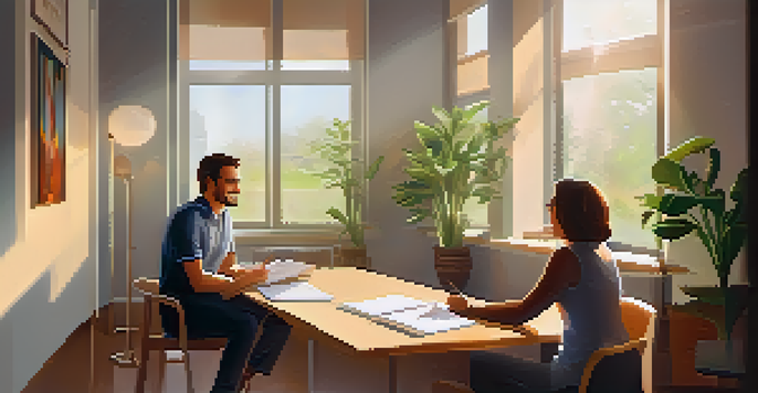 A health coach and client discussing goals in a bright office, with sunlight streaming in and plants around.