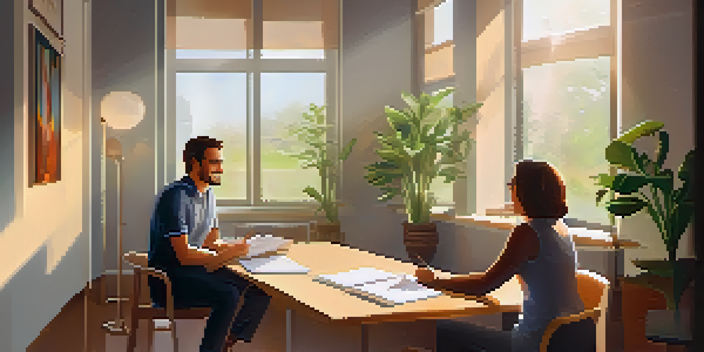 A health coach and client discussing goals in a bright office, with sunlight streaming in and plants around.