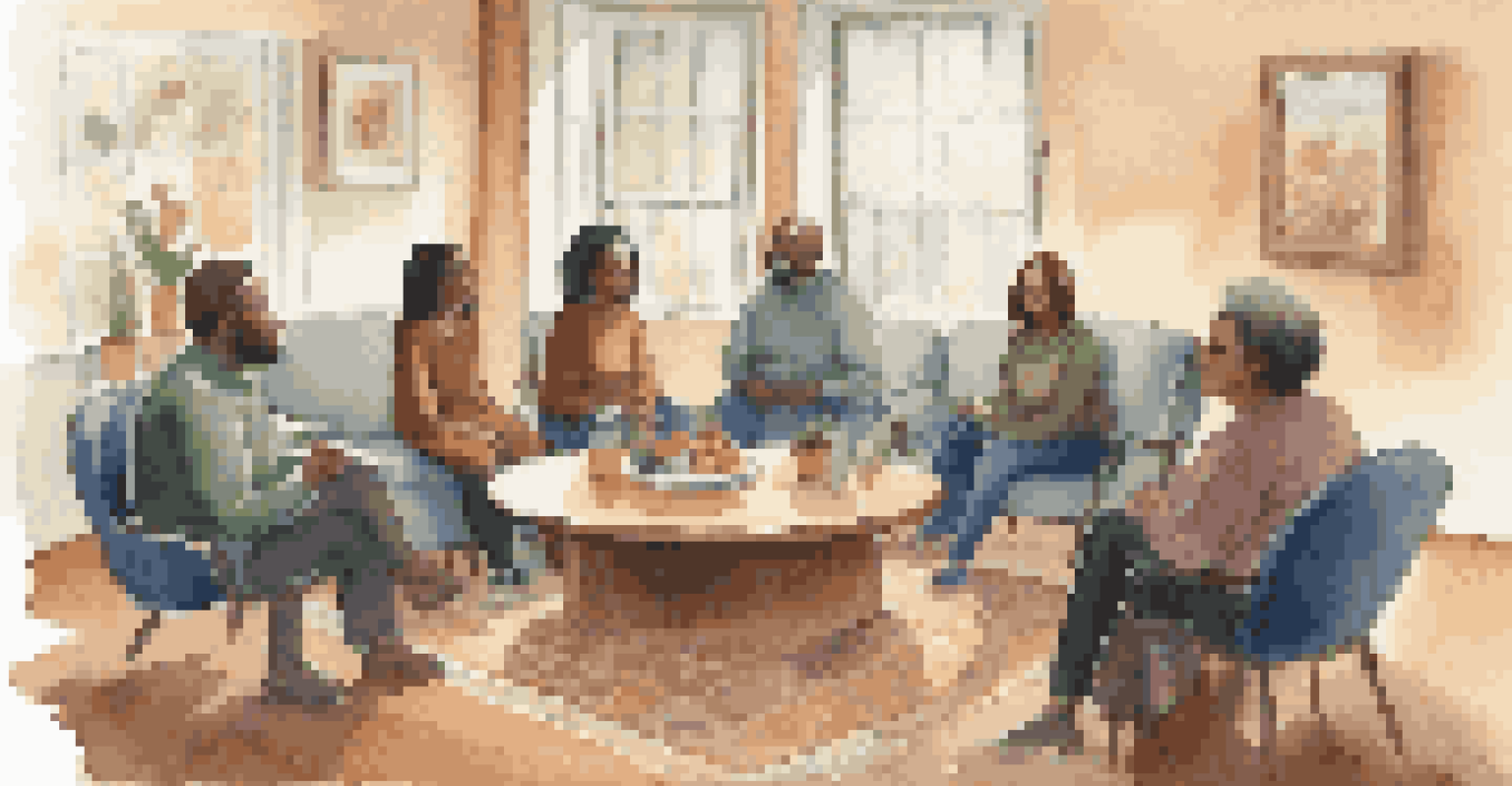 A diverse group of people sitting in a circle during a support meeting, discussing nutrition and wellness in a cozy setting.