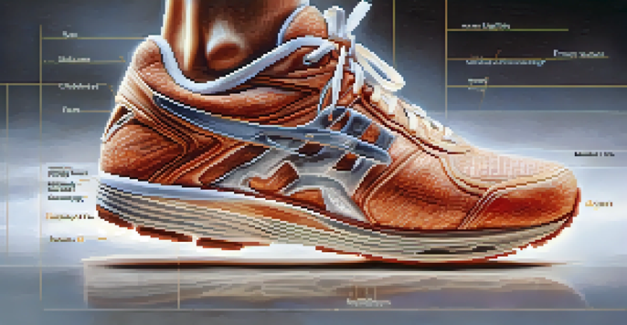 Close-up image of an athlete's foot wearing running shoes, with anatomical diagrams of the Achilles tendon in the background.