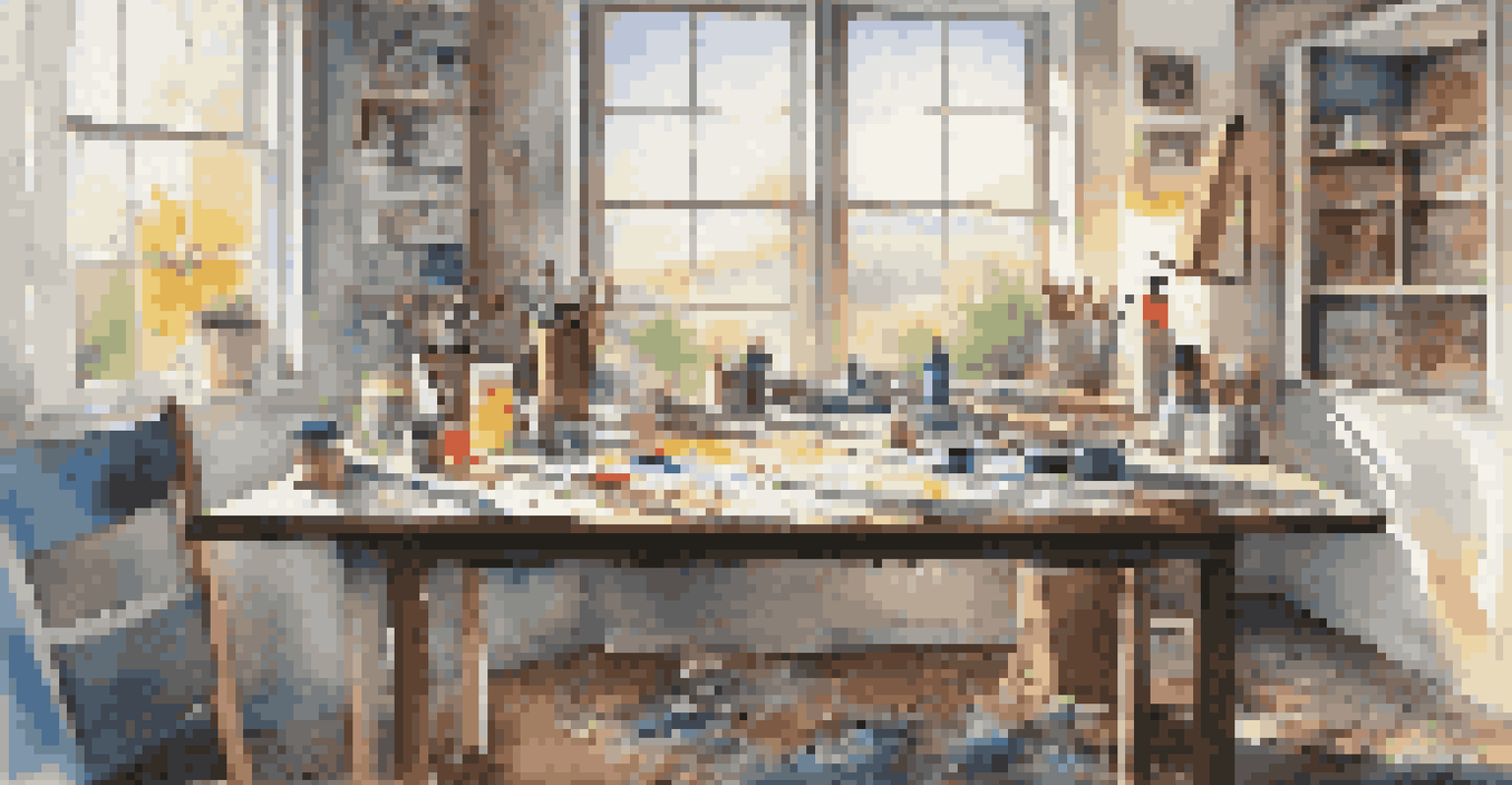An artist's workspace with a canvas, paint supplies, and a bright window illuminating the scene.