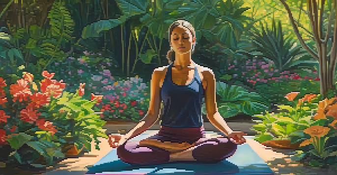 A person practicing mindful breathing on a yoga mat in a peaceful outdoor setting, surrounded by greenery and flowers, with sunlight filtering through leaves.