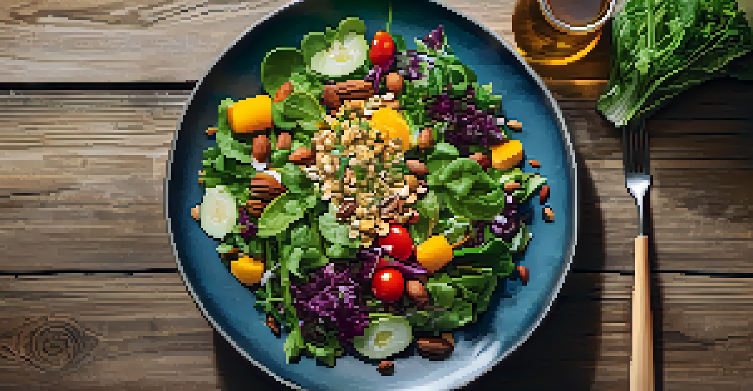 A plate of vibrant, healthy salad with leafy greens, colorful vegetables, and nuts on a rustic table, under soft natural lighting.