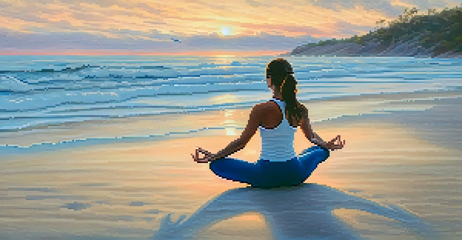 A person practicing yoga on a beach at sunrise, surrounded by calm waves and a pastel-colored sky, promoting mindfulness and health.