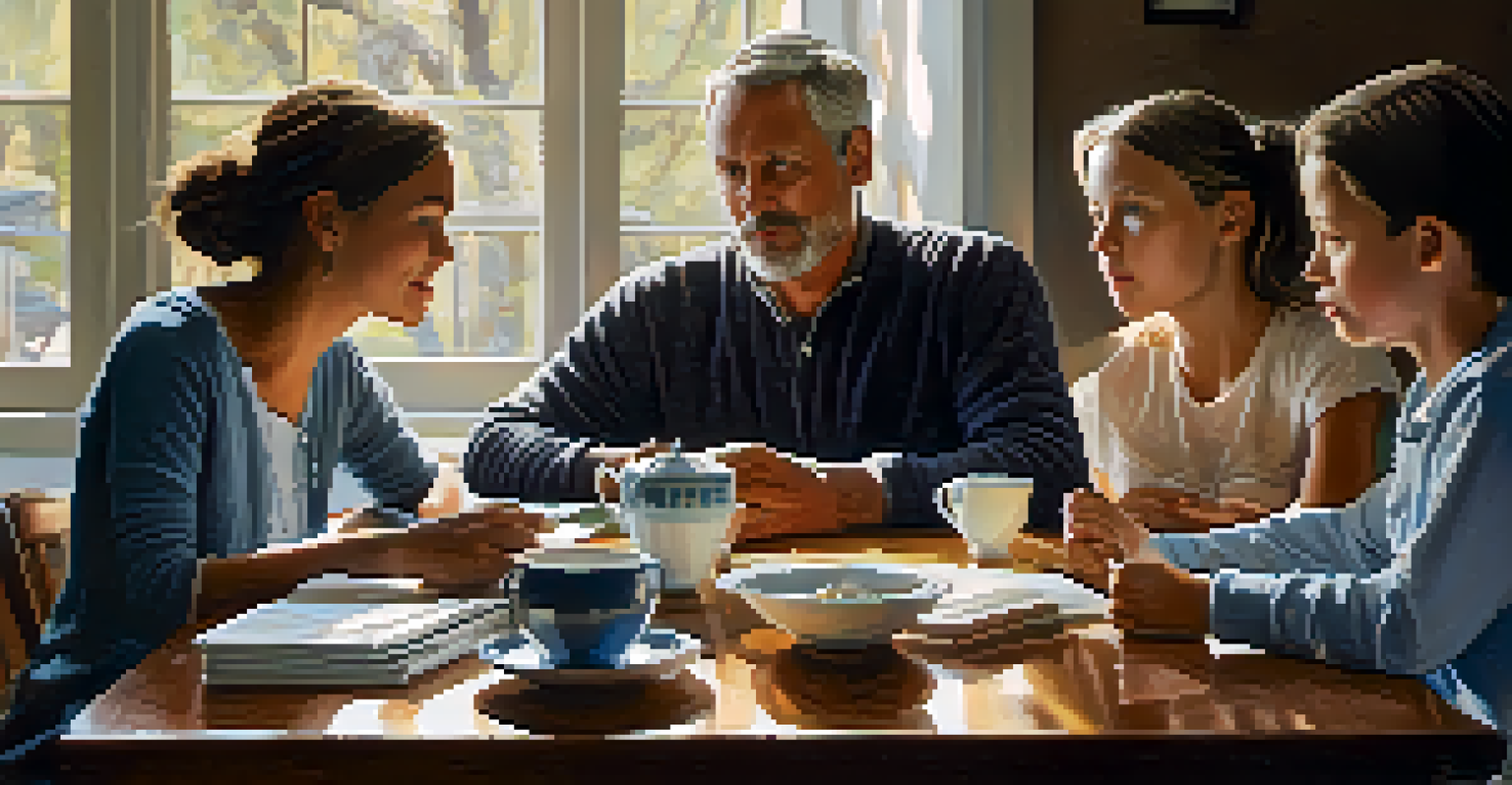 A diverse family having a heartfelt discussion at a dining table, emphasizing communication and support.