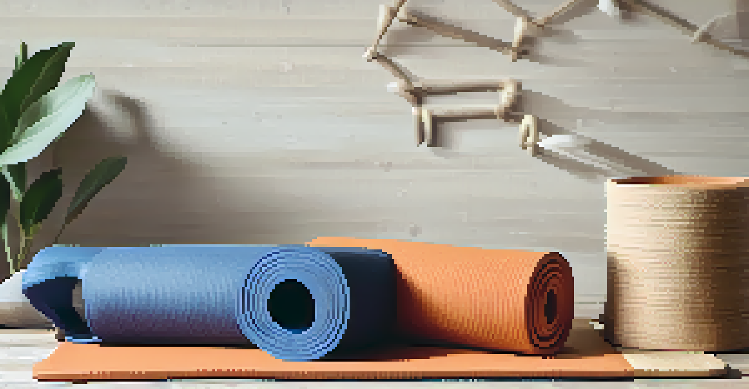 A close-up view of eco-friendly yoga gear like a natural rubber mat and biodegradable blocks on a wooden surface, showcasing sustainable materials.